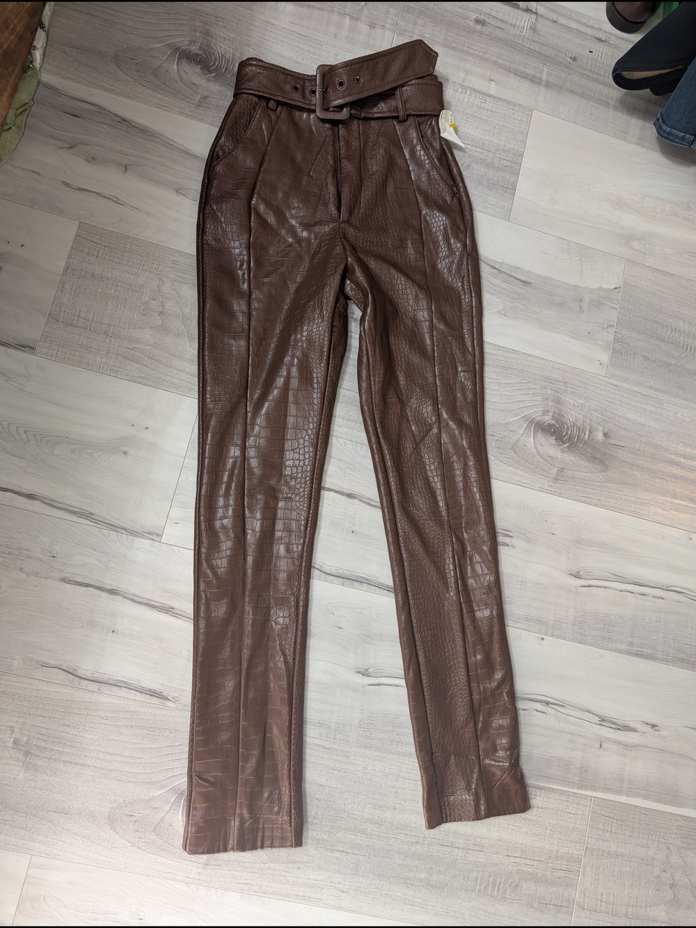 Meshki Brown Croc-Embossed High-Waist Belted Pants